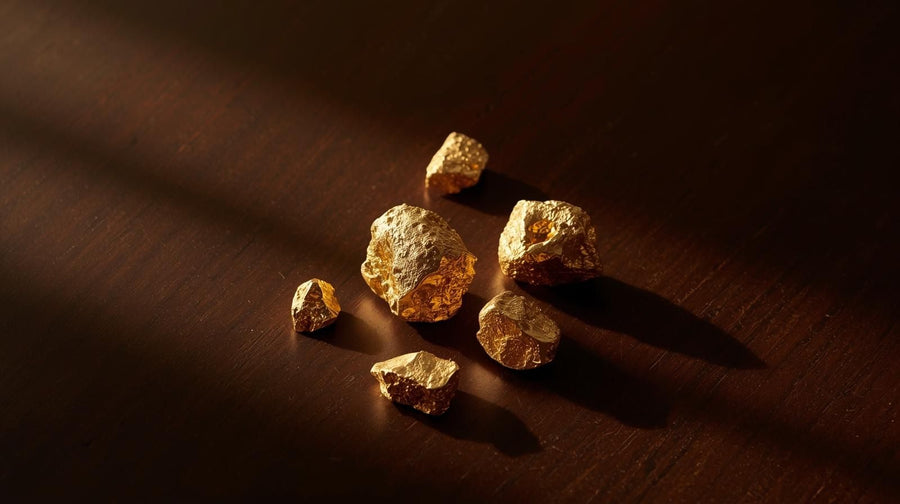 Närbild på råa guldklimpar på naturligt mörk träyta – symbol för skillnaden mellan 14K och 18K guld, styrka och elegans.