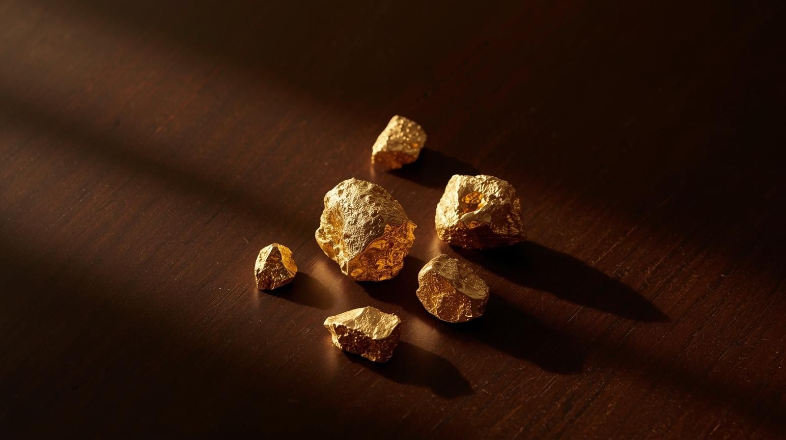 Närbild på råa guldklimpar på naturligt mörk träyta – symbol för skillnaden mellan 14K och 18K guld, styrka och elegans.